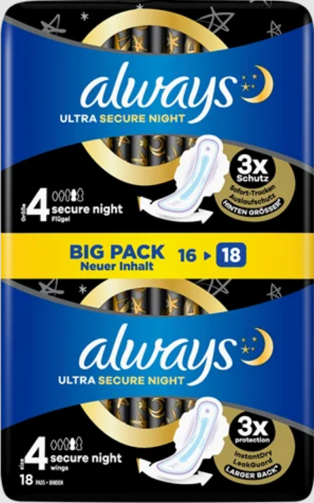 Image of Always Ultra Secure Night Damenbinden mit Flügeln Big Pack (18 Stk)