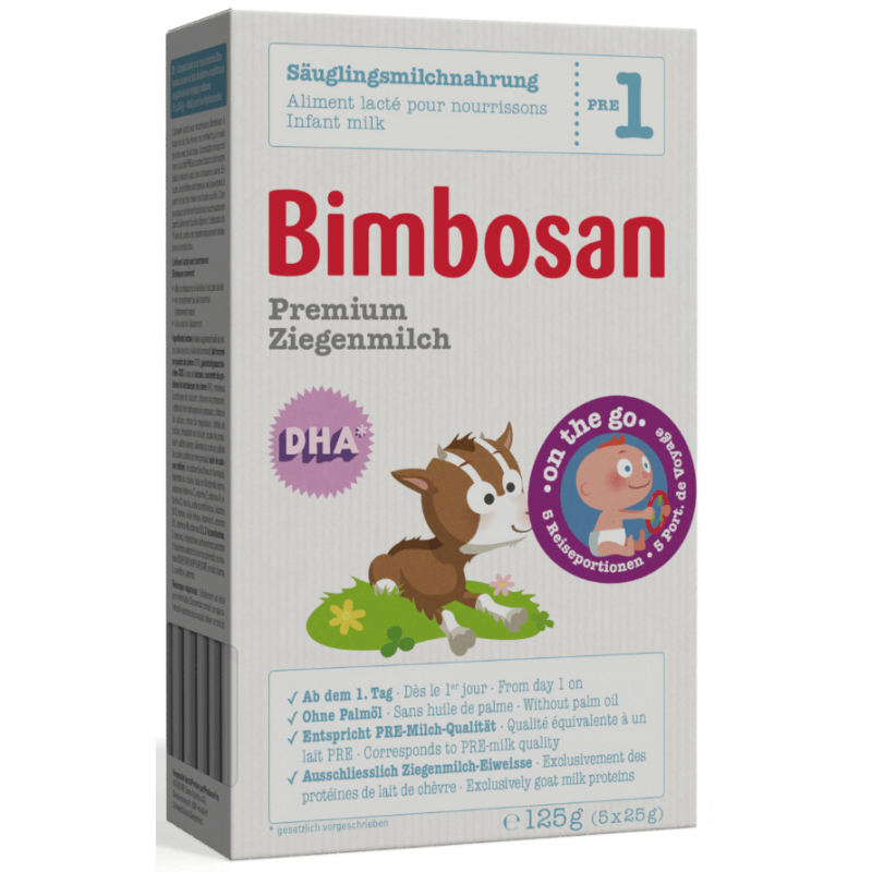 Bimbosan Premium Ziegenmilch Säuglingsmilchnahrung Reiseportionen PRE 1 (5x25g)