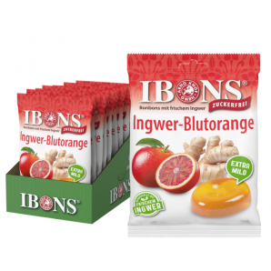 IBONS Ingwer Bonbon Blutorange ohne Zucker Display (10x75g)