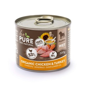 bePure Organic Chicken ​& Turkey mit Bio-Huhn, Pute und Karotten, Nassfutter für Hunde (200g)