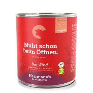 Herrmann’s Bio Rind mit Karotten und Amaranth, Nassfutter für Hunde (800g)