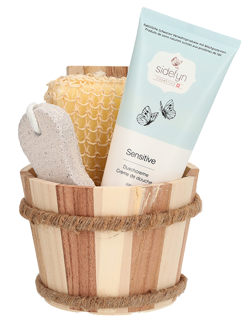 sidefyn Geschenkset Holzkübel mit Duschcreme Sensitive (1 Set)