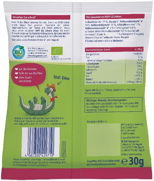 Hipp Organic Ancient Grain Dinos Cranberry, Blackcurrant (30g)