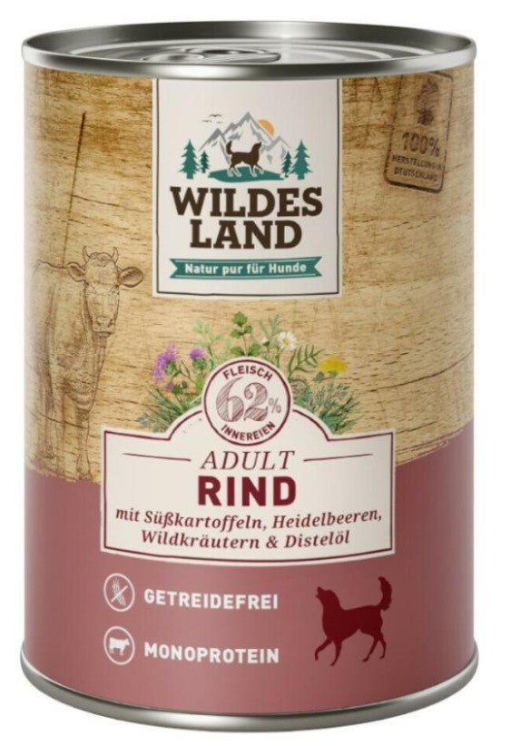 WILDES LAND Adult Rind mit Süsskartoffeln, Heidelbeeren, Wildkräutern & Distelöl (400g)