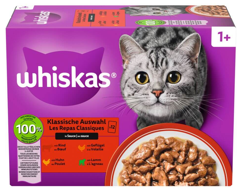 Whiskas Klassische Auswahl in Sauce Nassfutter für Katzen (12x85g)