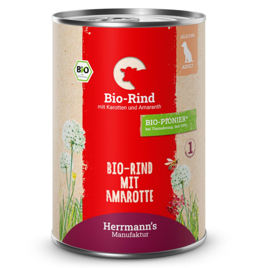Herrmann’s Bio Rind mit Karotten und Amaranth, Nassfutter für Hunde (400g)