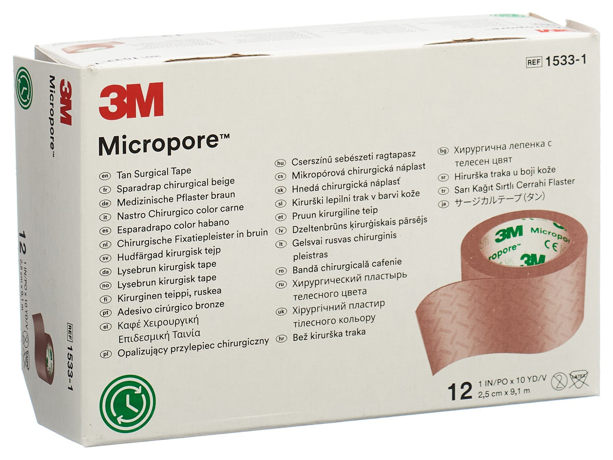 3M Micropore Rollenpflaster ohne Abroller hautfarben 25mm x 9,14m (12 Stk)