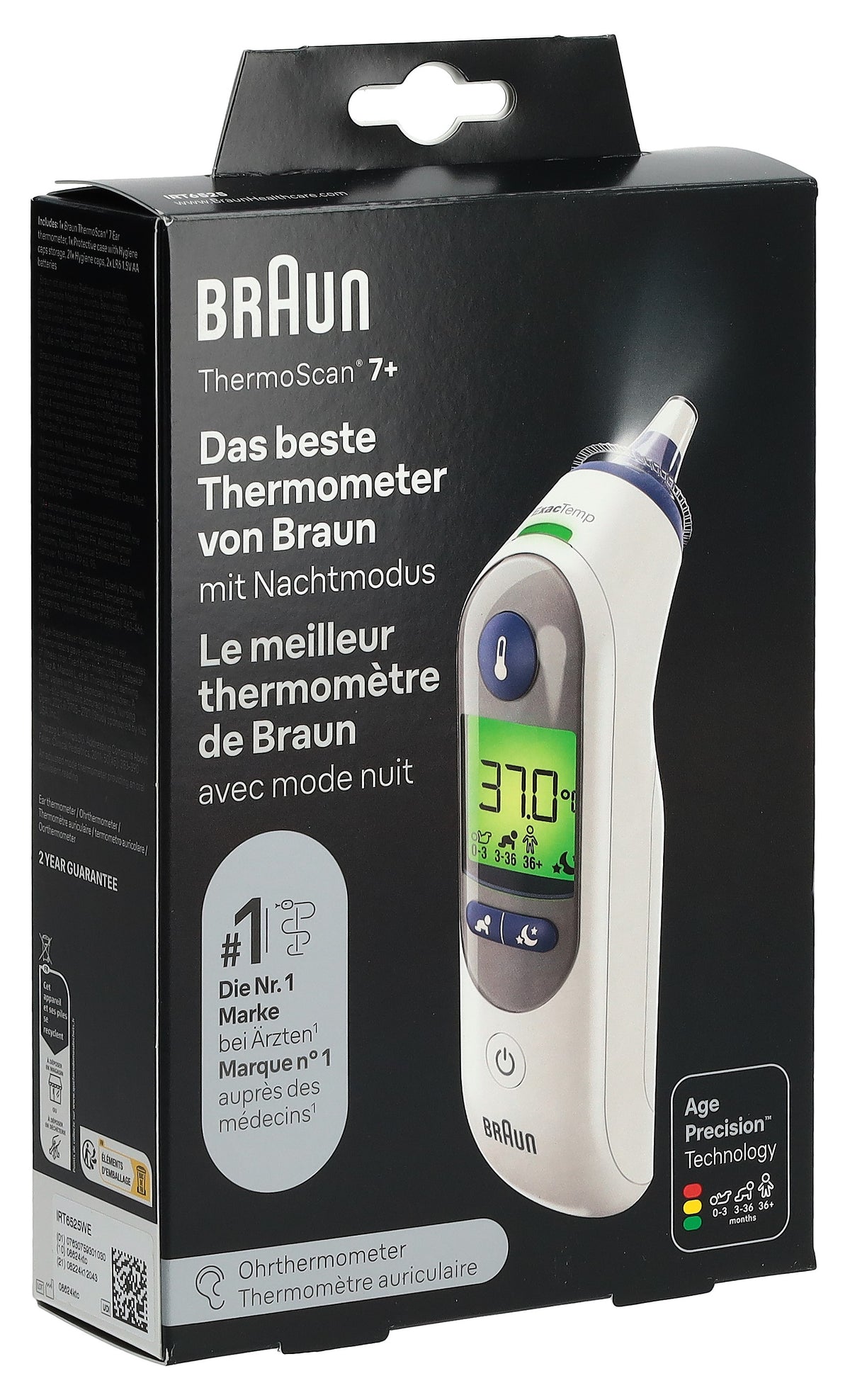 Braun ThermoScan 7+ IRT 6525 Ohrthermometer mit Age Precision und Nachtmodus (1 Stk)