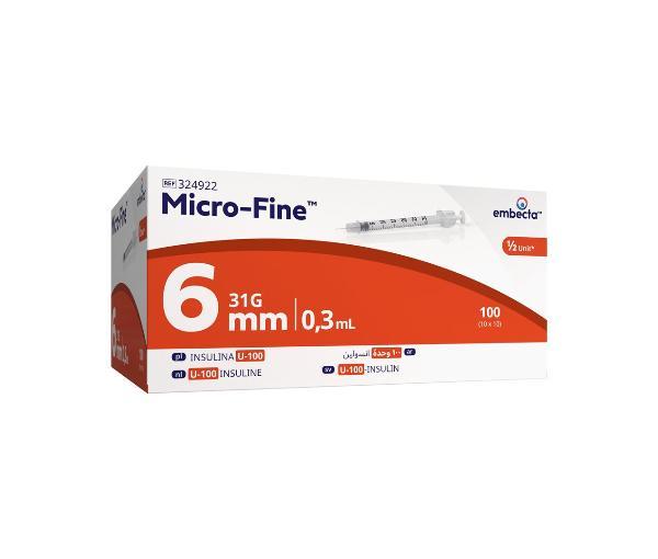 Micro-Fine U100 Seringues à insuline 31G 0.3ml 6mm (100 pces)