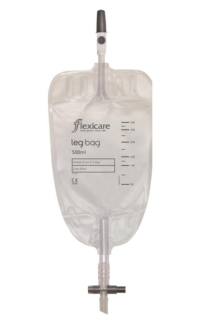 Flexicare Urinbeutel 500ml mit Ablauf und Rücklaufventil, Schlauch 7cm (10 Stk)