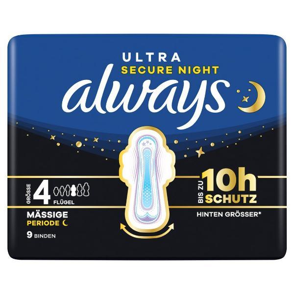 Always Ultra Binde Gr4 Secure Night mit Flügeln (9 Stk)