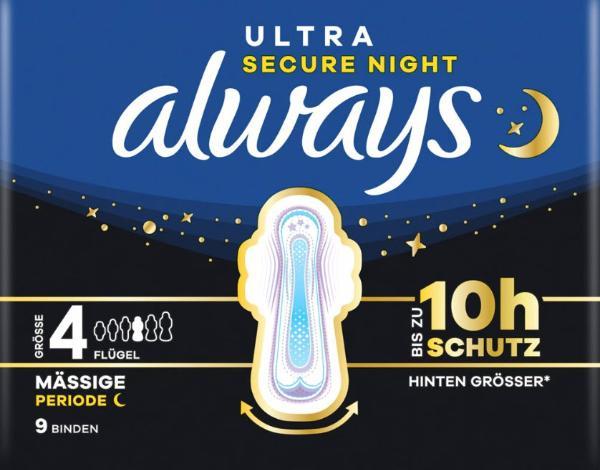Always Ultra Binde Gr4 Secure Night mit Flügeln (9 Stk)