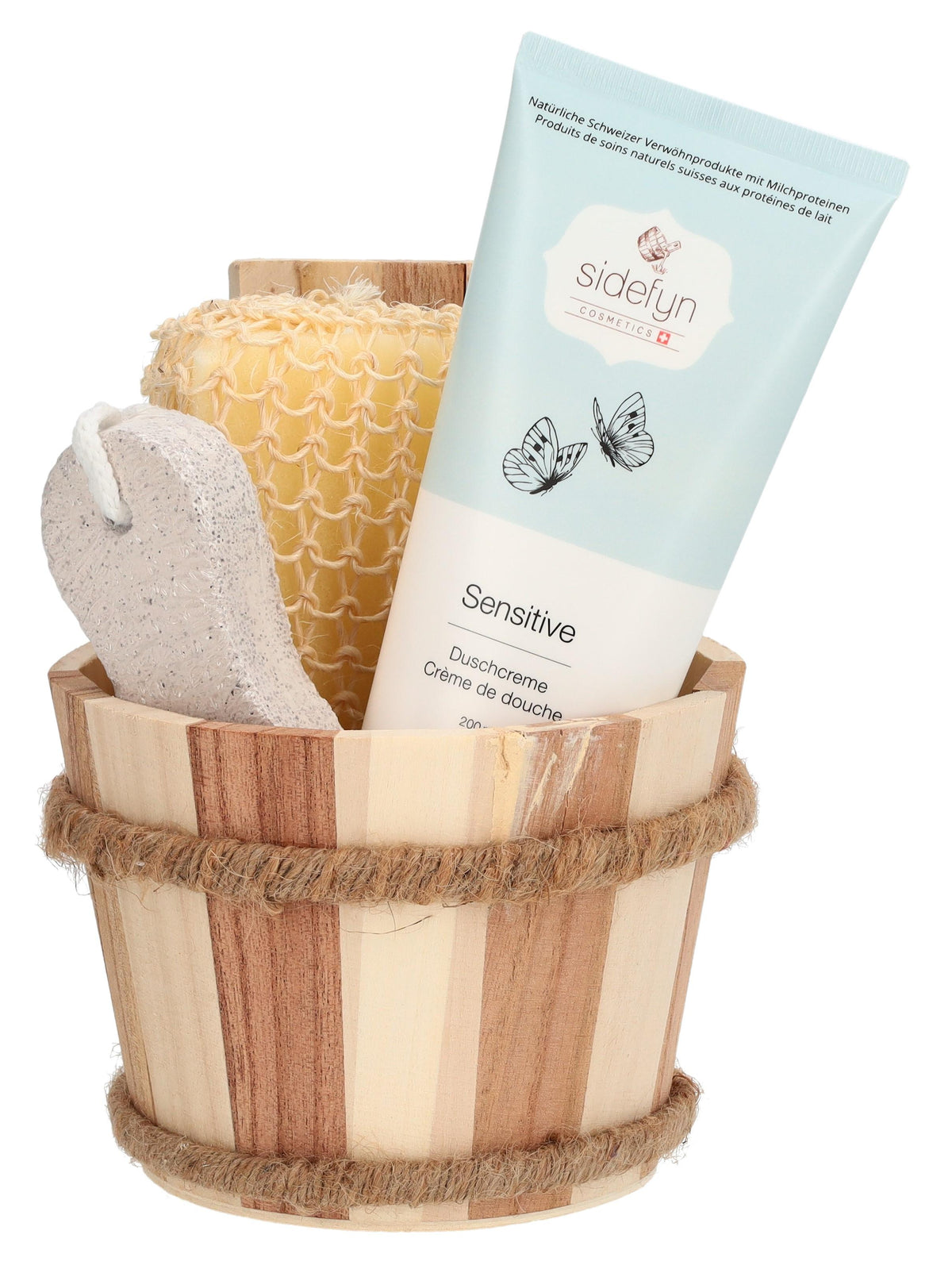 sidefyn Geschenkset Holzkübel mit Duschcreme Sensitive (1 Set)