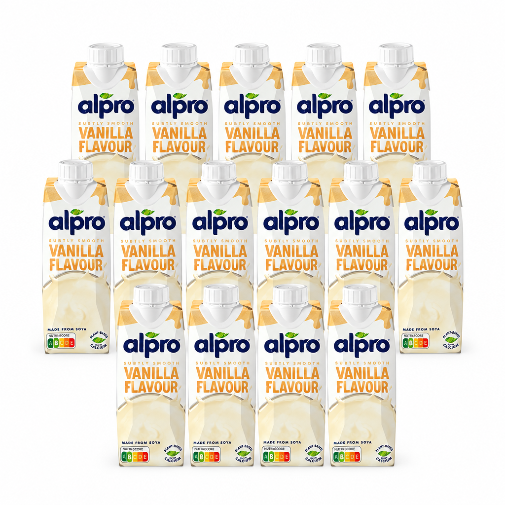 15 Packungen alpro Sojadrink Vanille à 250 ml in gestaffelten Reihen ohne Mengenplakette