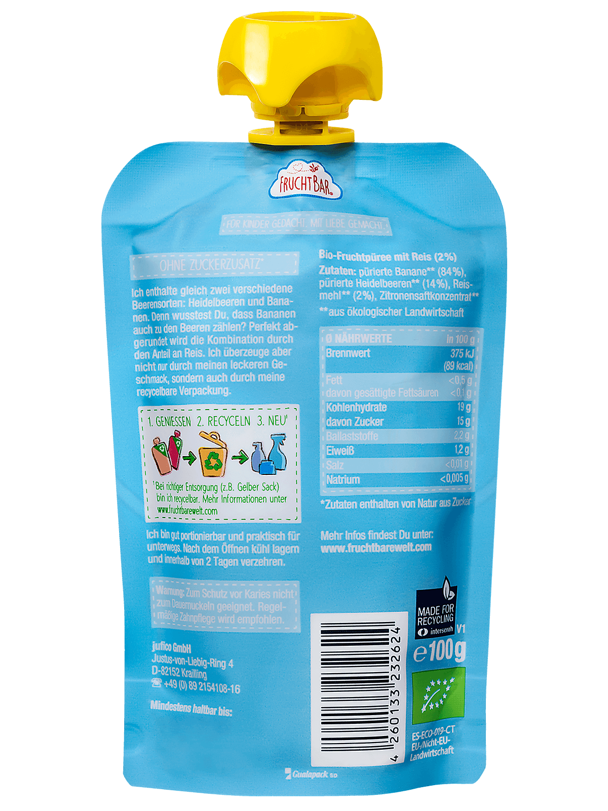 FRUCHTBAR Bio Fruchtpüree Heidelbeere Banane Reis (100g)