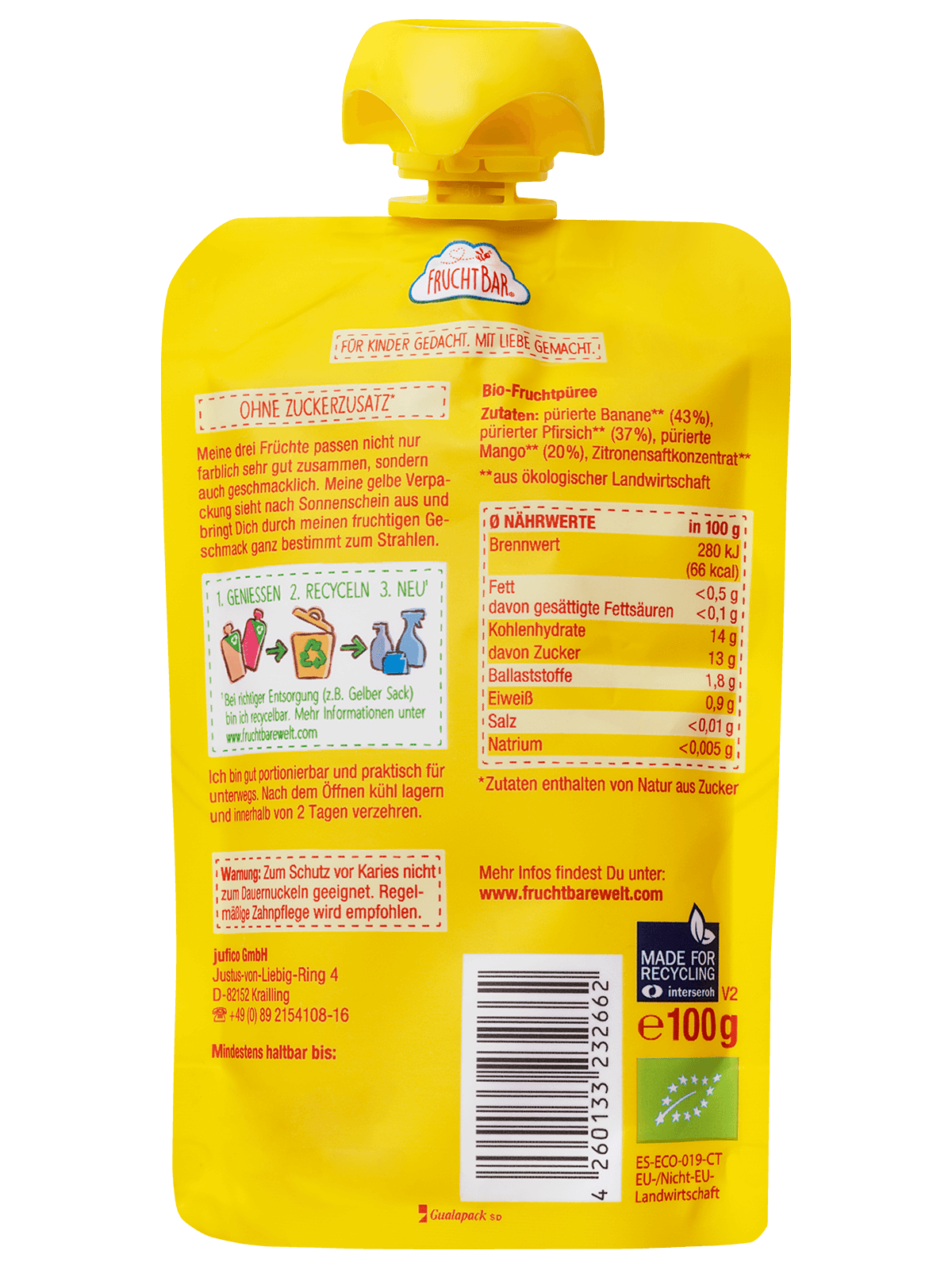 FRUCHTBAR Bio Fruchtpüree Mango Pfirsich Banane (100g)