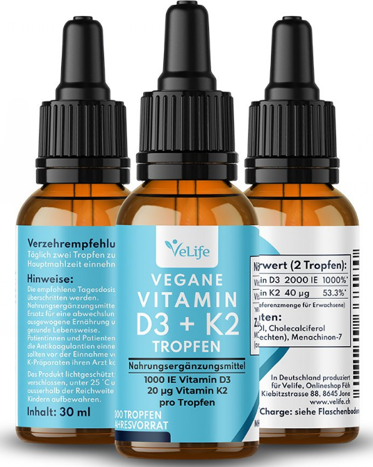 VeLife Vegane Vitamin D3 K2 Tropfen (30ml)