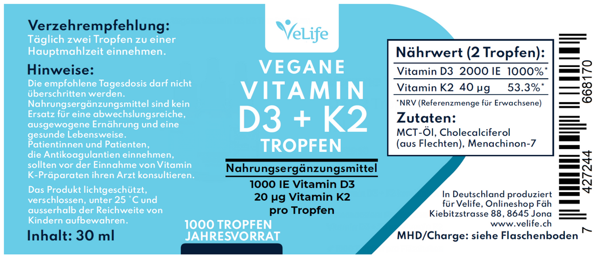 VeLife Vegane Vitamin D3 K2 Tropfen (30ml)