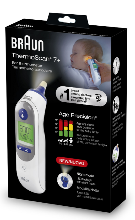 BRAUN ThermoScan 7+ Ohr-Thermometer mit AgePrecision und Nachtmodus (1 Stk)