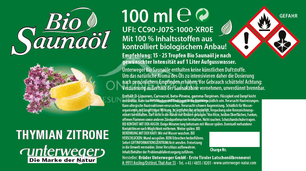 unterweger Organic Sauna Oil Thyme Lemon (100ml)