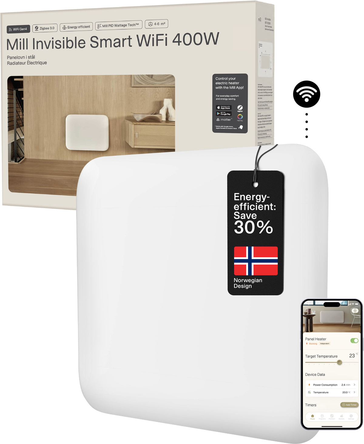 mill Invisible Smart WiFi Panel Heater 400W, weiss, 49x40x8.6cm