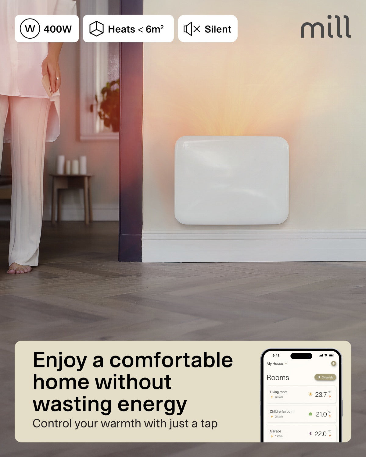 mill Invisible Smart WiFi Panel Heater 400W, weiss, Ansicht 4