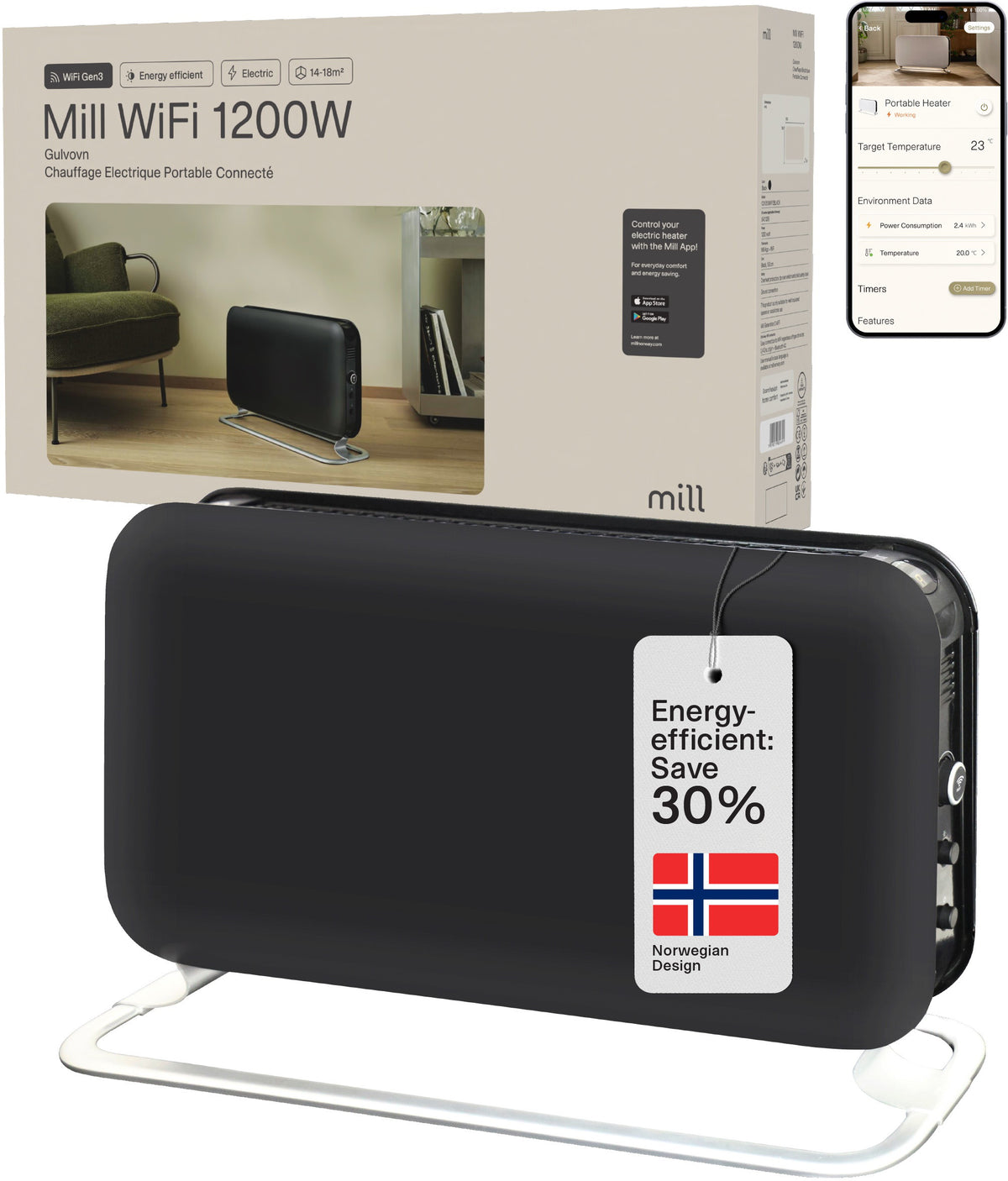 mill WiFi Portable Heater 1200W, schwarz, 62x21x38.5cm