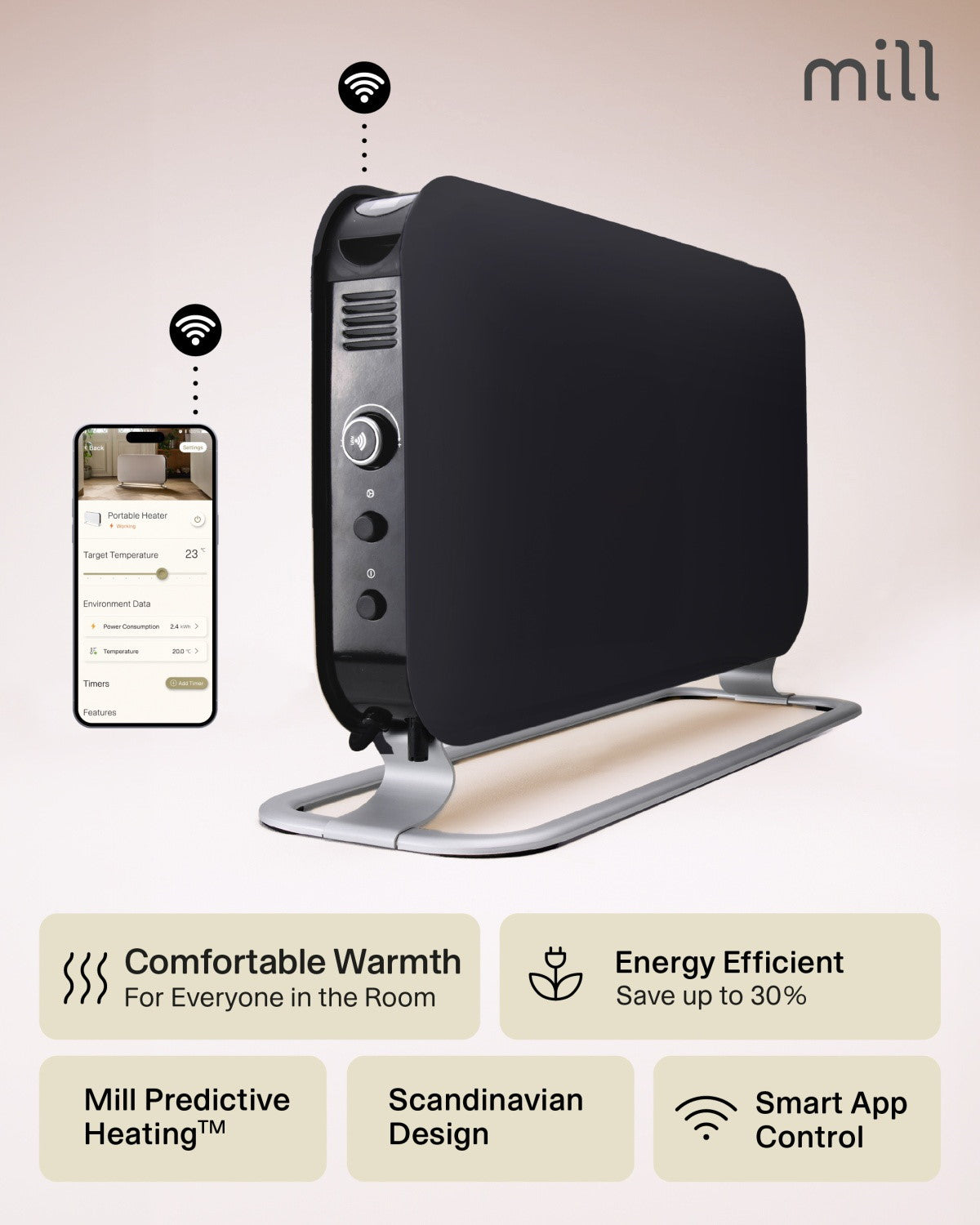 mill WiFi Portable Heater 1200W, schwarz, Ansicht 3