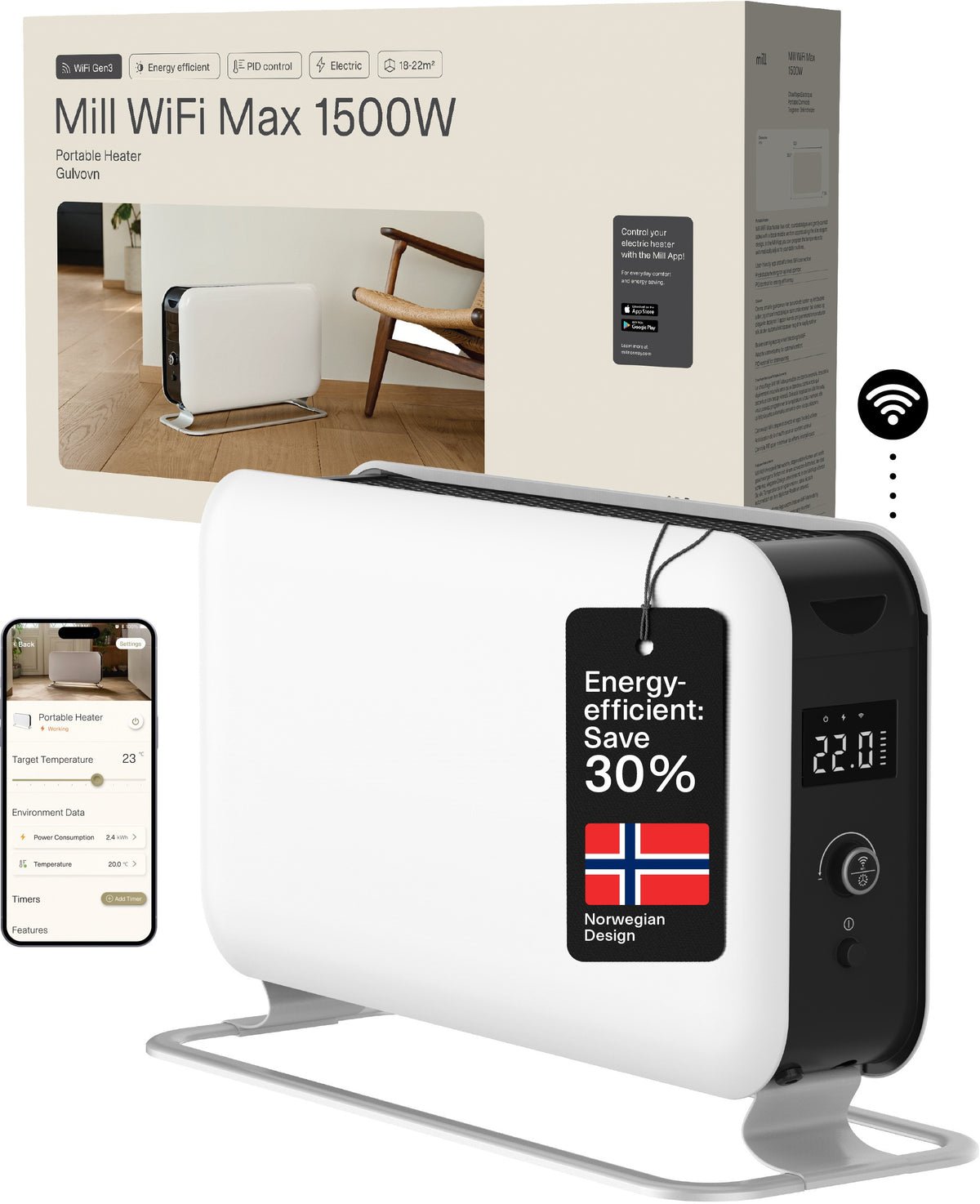 mill WiFi Max Portable Heater 1500W, weiss, 62x24.5x38.5cm