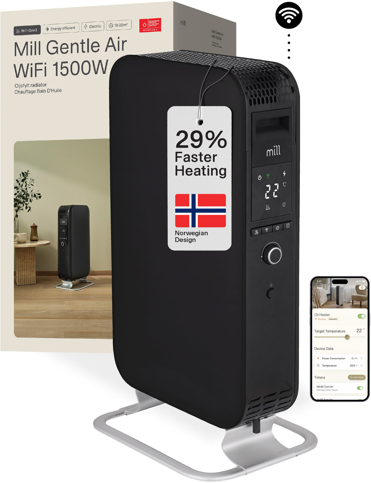 mill Gentle Air WiFi Öl-Heizkörper 1500W, schwarz, 34.5x26x65.5cm