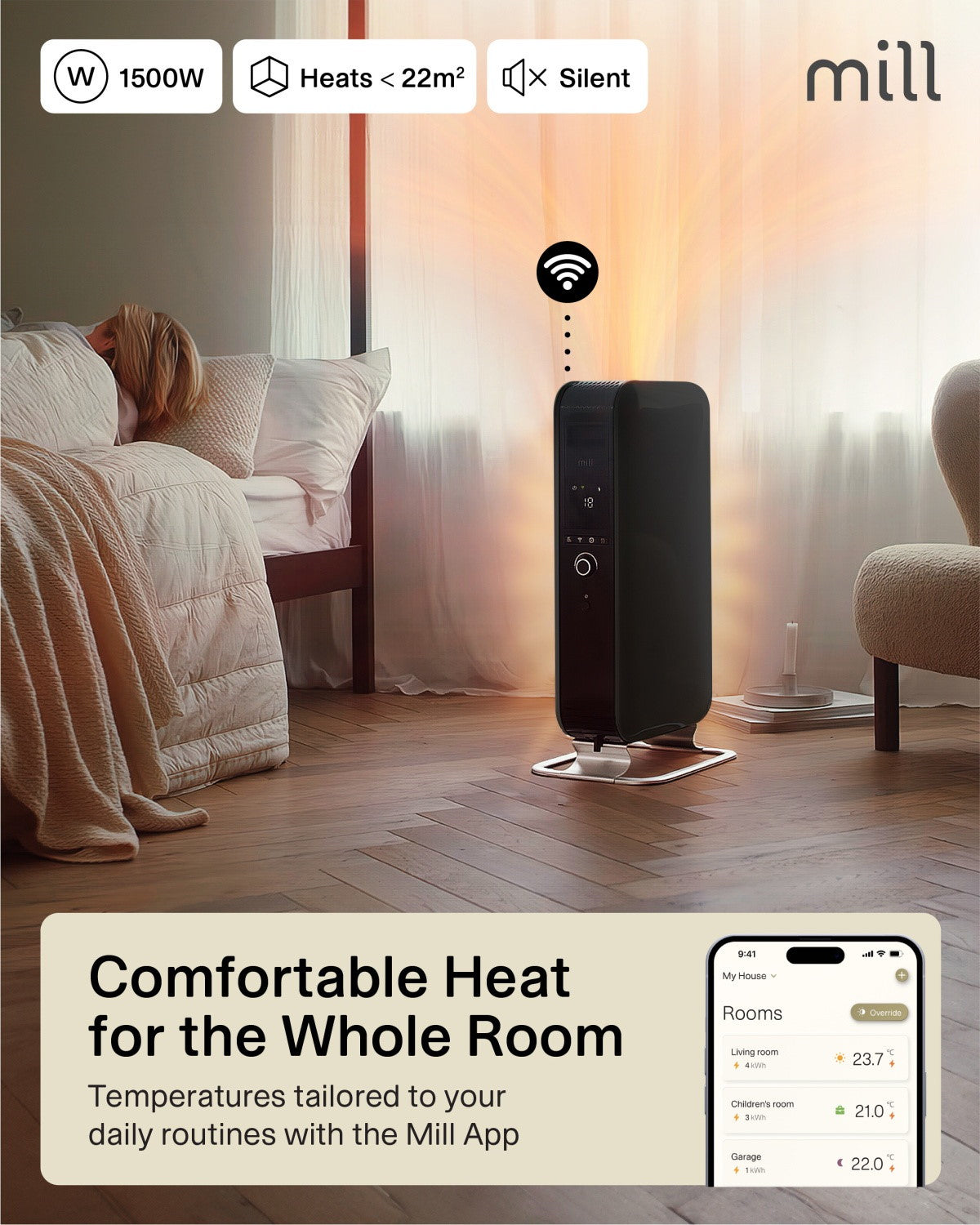mill Gentle Air WiFi Öl-Heizkörper 1500W, schwarz, Ansicht 2