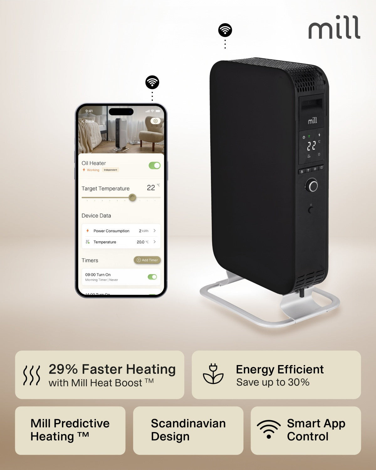 mill Gentle Air WiFi Öl-Heizkörper 1500W, schwarz, Ansicht 3