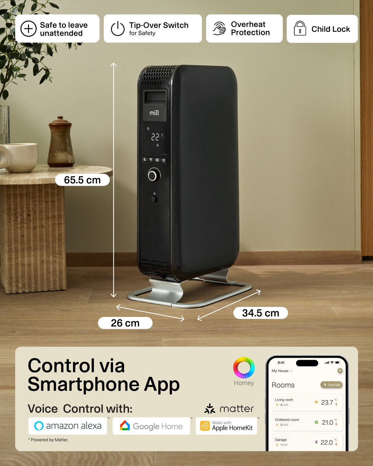 mill Gentle Air WiFi Öl-Heizkörper 1500W, schwarz, Ansicht 4