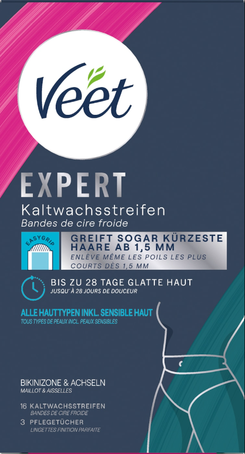 Veet EXPERT Kaltwachsstreifen Bikinizone & Achseln (16 Stk)