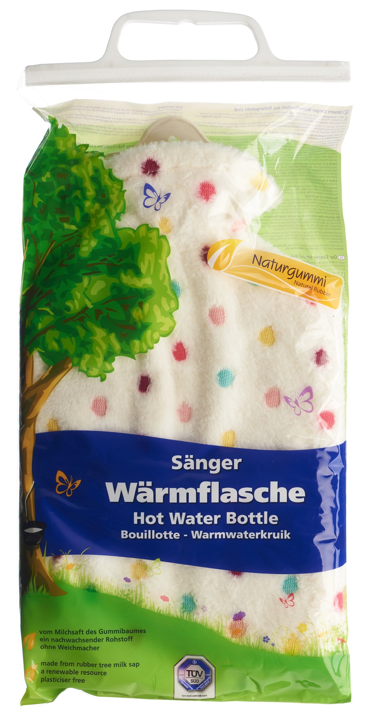 Sänger Wärmflasche aus Naturkautschuk mit Plüschbezug 2l Punkte weiss (1 Stk)