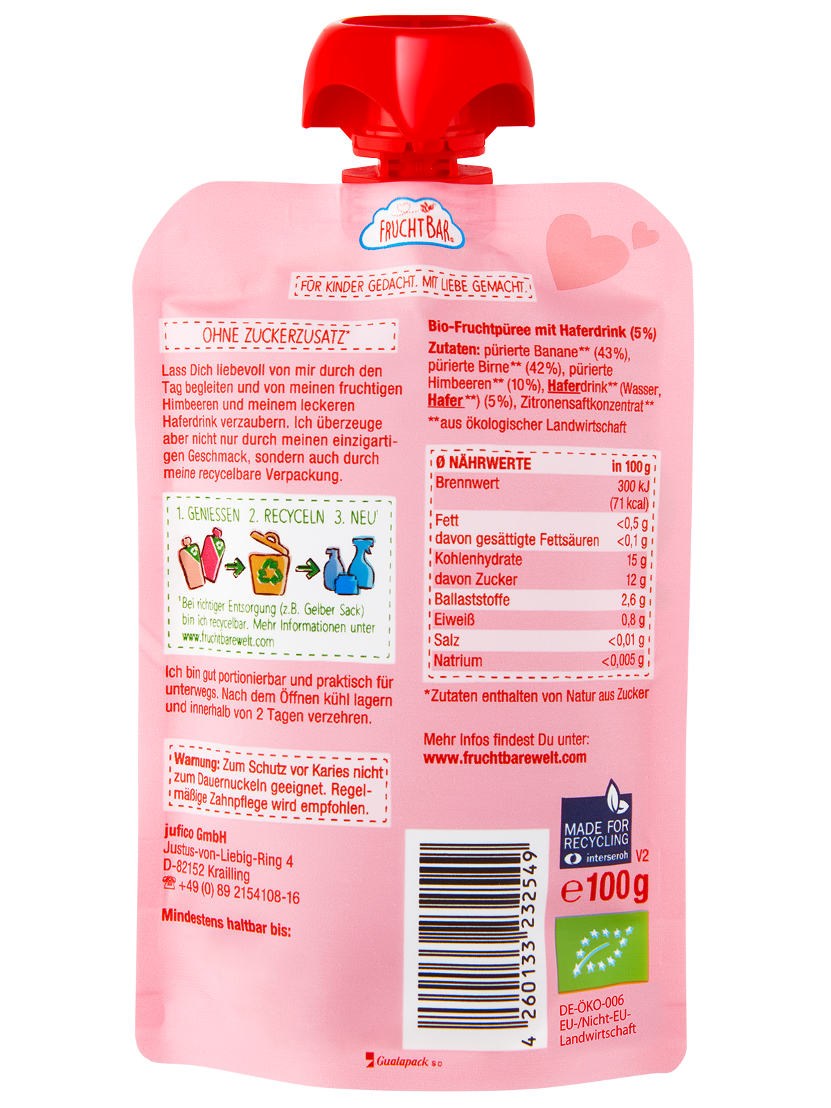 FRUCHTBAR Bio Fruchtpüree Himbeere Banane Birne (100g)