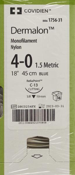 DERMALON Suture 45cm blue 4-0 C-13 (36 pcs)