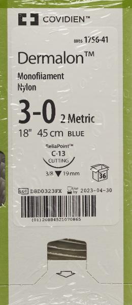 DERMALON Fil de suture 45cm bleu 3-0 C-13 (36 pces)