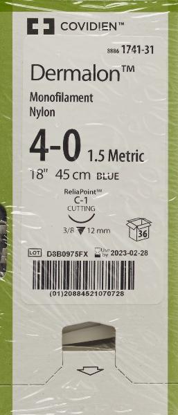 DERMALON Filo di sutura 45cm blu 4-0 C-1 (36 pz)