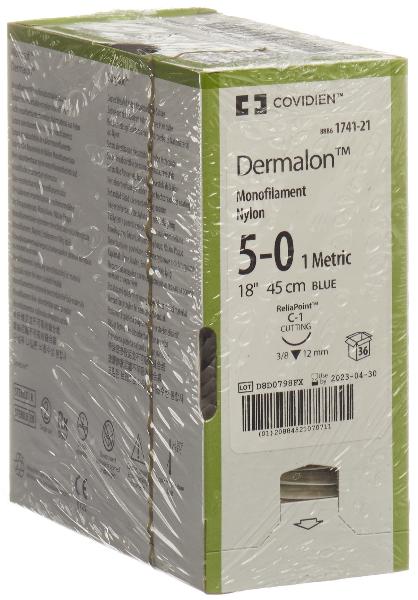 DERMALON Fil de suture 45cm bleu 5-0 C-1 (36 pces)