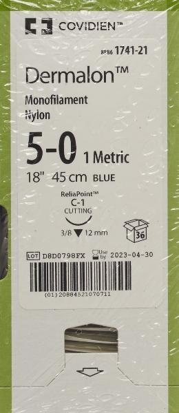DERMALON Fil de suture 45cm bleu 5-0 C-1 (36 pces)