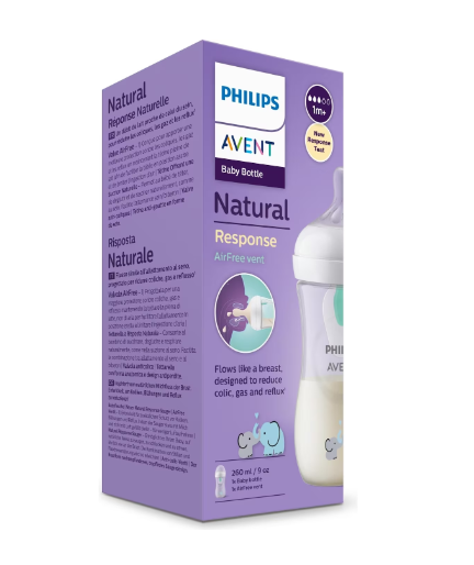 Philips Avent Natural Response Babyflasche mit Airfree Ventil 1M+ Elefanten (260ml)