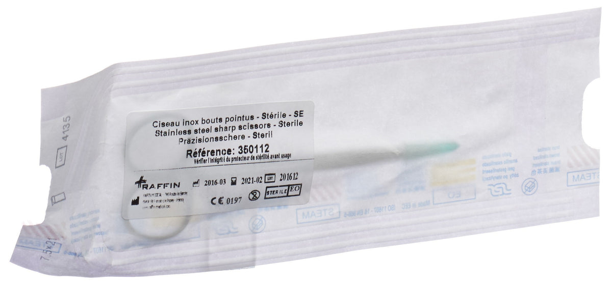 RAFFIN Präzisionsschere 12cm Edelstahl spitz/spitz steril mit Kompresse (1 Stk)