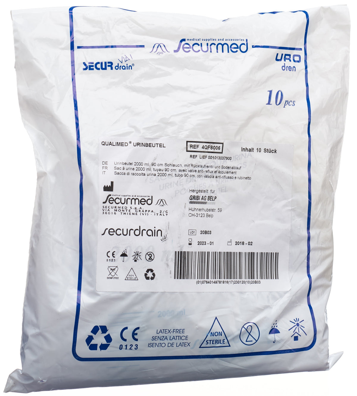 Qualimed Urinbeutel 2l 90cm mit Rücklaufventil und Bodenablauf (10 Stk)