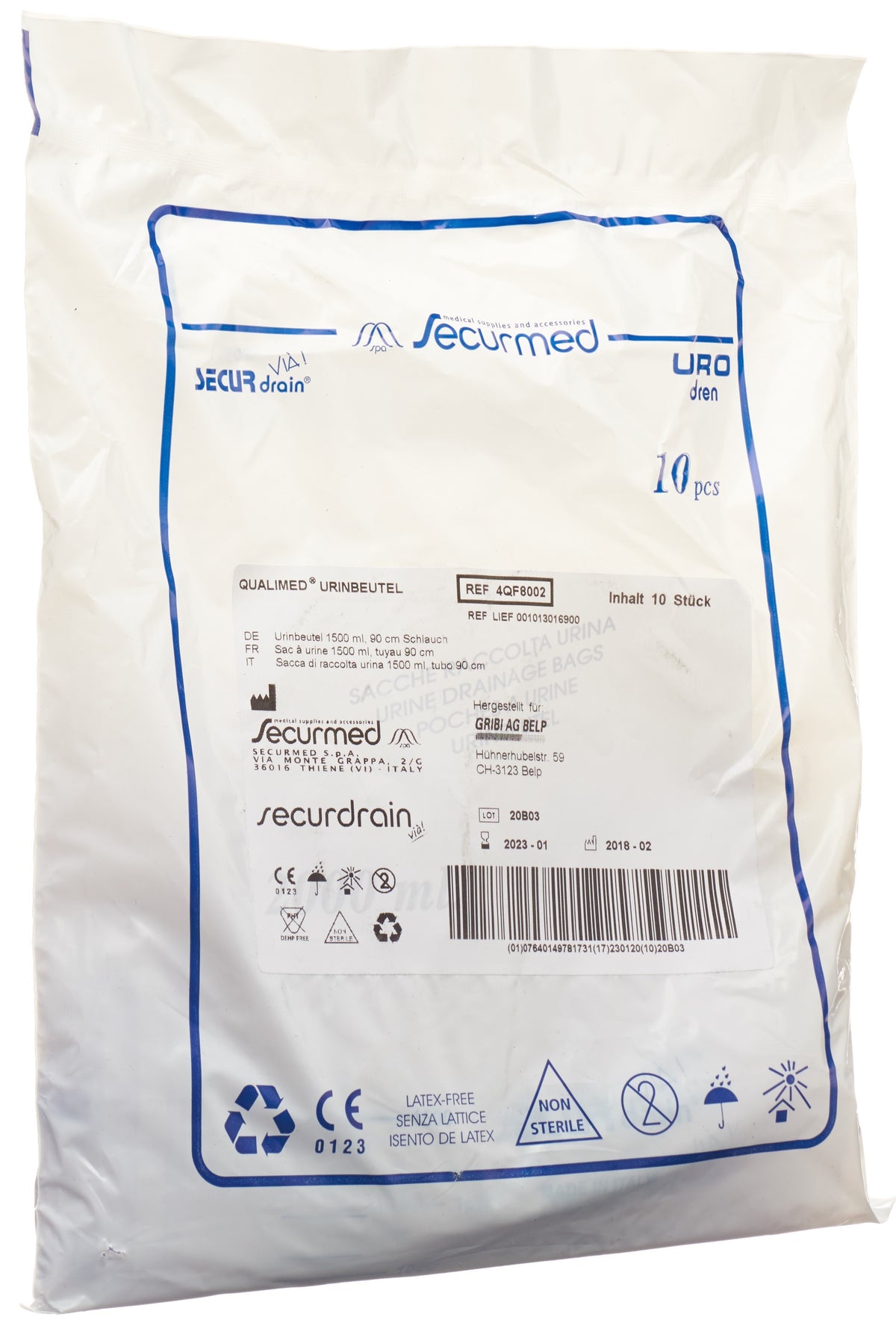Qualimed Urinbeutel 1.5l 90cm ohne Rücklaufventil (10 Stk)