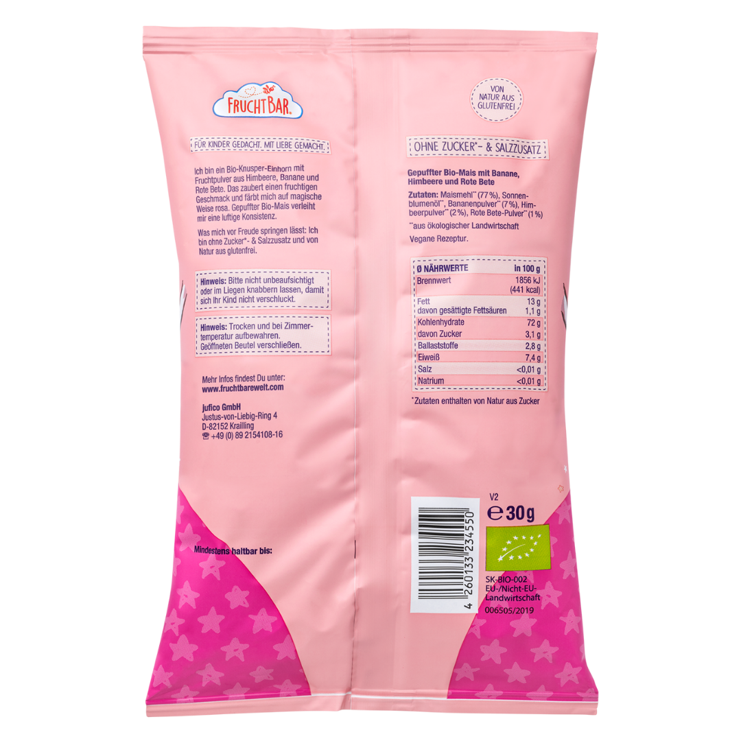 FRUCHTBAR Bio Knusper-Einhörner Banane Himbeere Rande (30g)