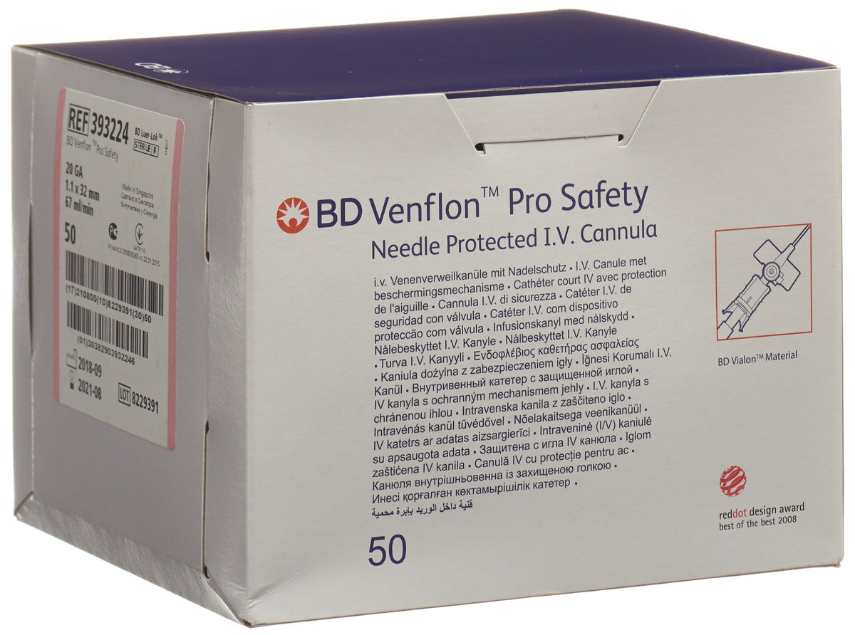 BD Venflon Pro Safety 20G, 1.1x32mm, rosa (50 Stk)