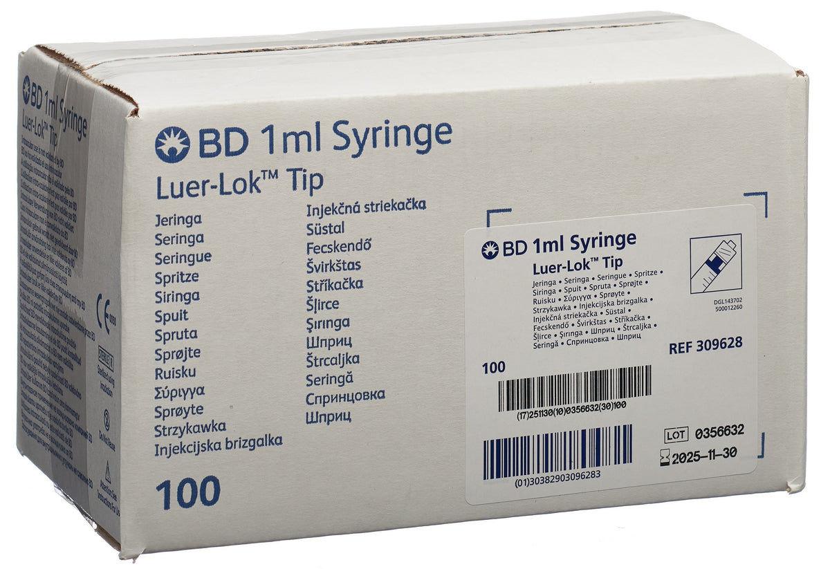 BD Plastipak Spritze 1ml, Luer-Lock zentrisch, unterteilt in 0.01ml (100 Stk)