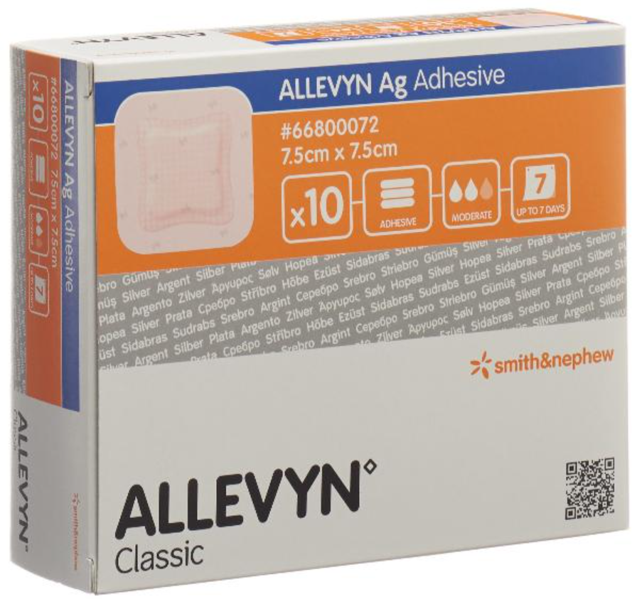 ALLEVYN Ag Adhesive Wundkompressen, 7.5x7.5cm (10 Stk)