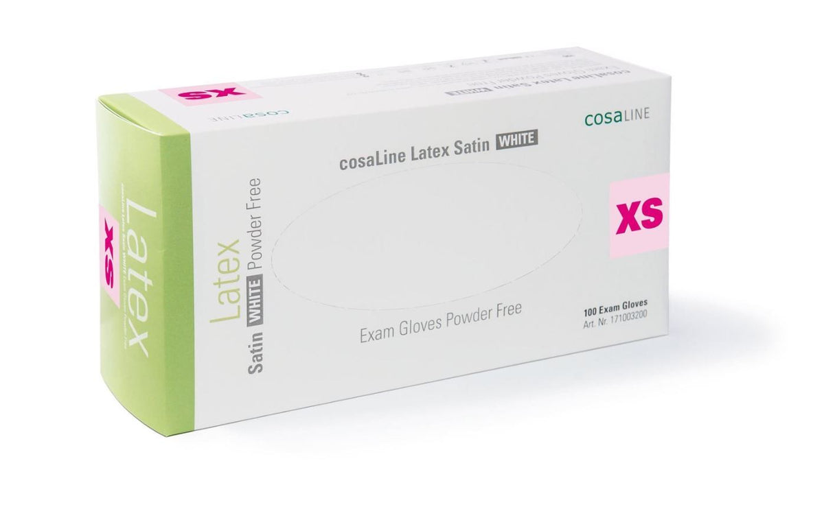 Cosaline UHS Latex Handschuhe, Grösse XS, Satin, weiss, puderfrei (100 Stk)